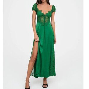 For Love & Lemons Emerald Green Lace-Trim Maxi Dress